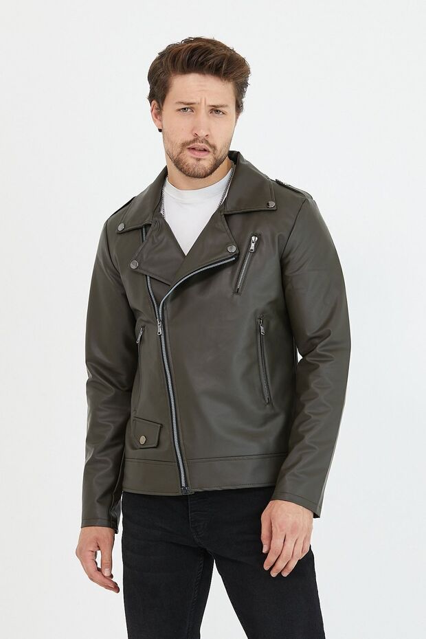 Men's Khaki New Season Cross Zipper Leather Jacket Coat