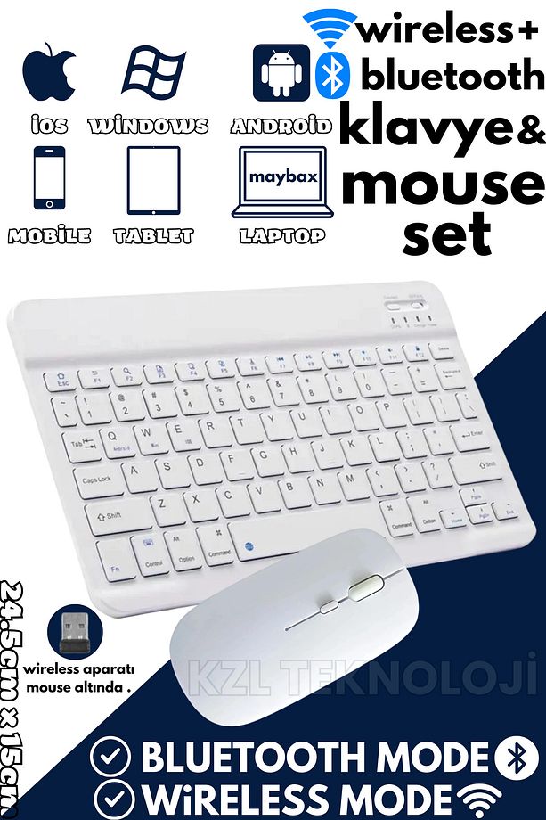 Tüm Cihazlara Uyumlu Akıllı Taşınabilir Şarjlı Kablosuz Bluetooth & Wireless  Klavye Mouse Seti - 1