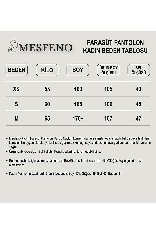 Kadın Paraşüt Pantalon, Bol Kesim, Beli ve Paçası Ayarlanabilir Lastikli, Su Geçirmez Kumaş - 9
