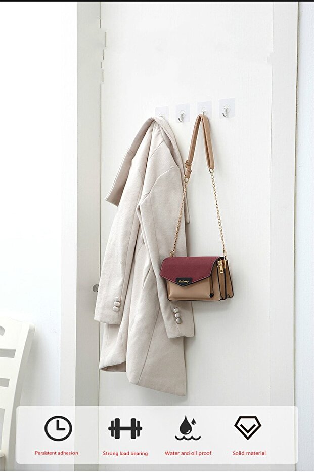 8'li Çok Amaçlı Güçlü Yapışkanlı Şeffaf Askılık Banyo Mutfak Wc Kapı Dolap 180 Açıya Sahip Askılık - 3