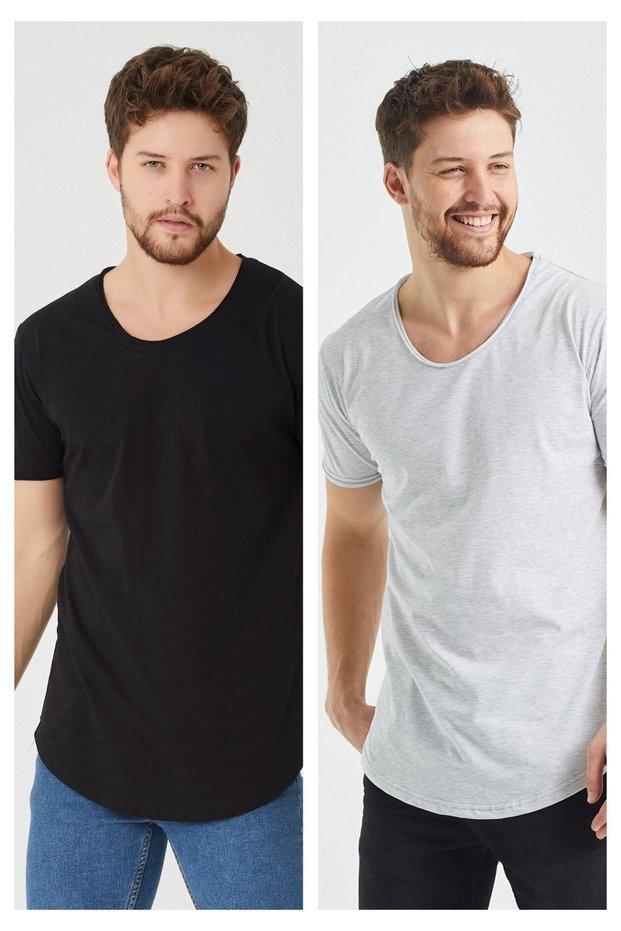 Men's Black-gray Oval Skirt Wide Collar 100% Cotton Short Sleeve T-Shirt