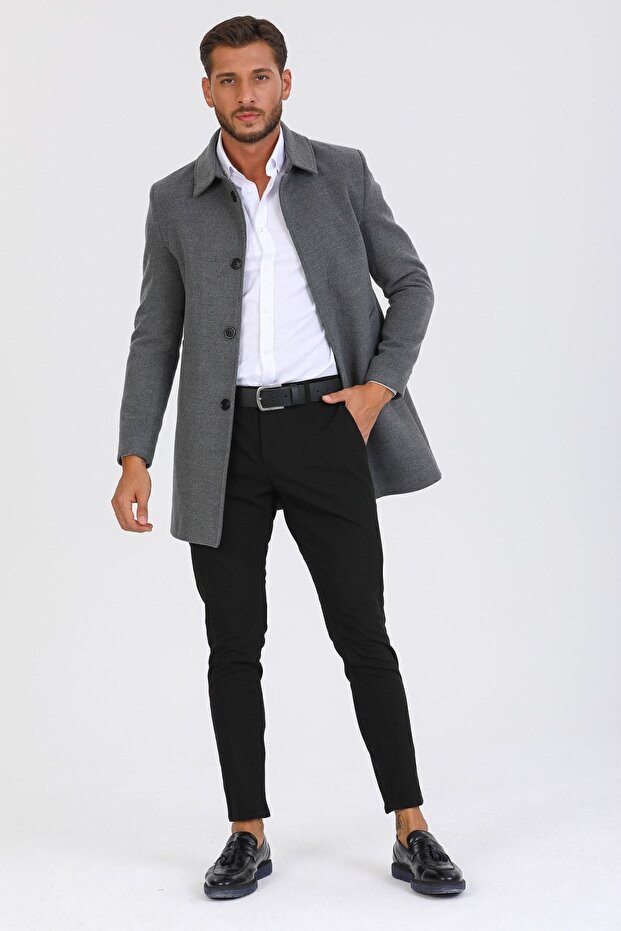 Grauer Slim Fit Mantel aus Wollmischung mit genähtem Hemdkragen für Herren - 4
