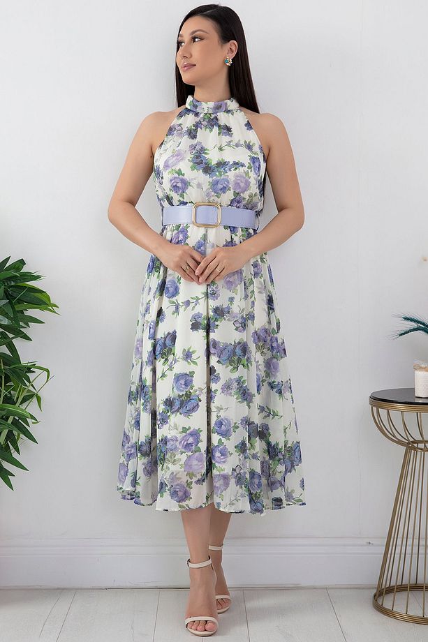 Halter Yaka Midi Çiçekli Elbise GRS3432 - 5