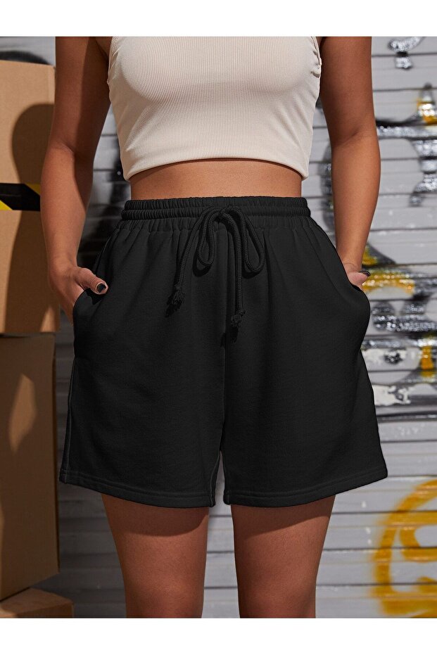 Kadın Siyah Düz  Penye Şort - 1