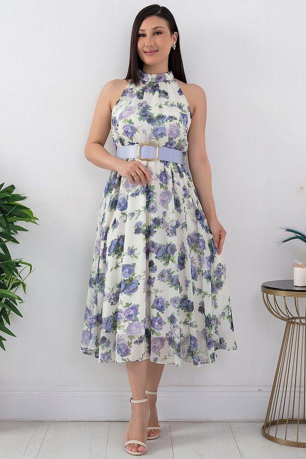 Halter Yaka Midi Çiçekli Elbise GRS3432 - 4