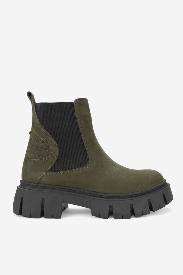 Women's Green Suede Genuine Natural Leather Thick Heel Chelsea Boots & Booties