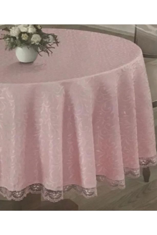 Kdk Fransız Dantelli Dertsiz Masa Örtüsü Yuvarlak Pembe (180) - 3
