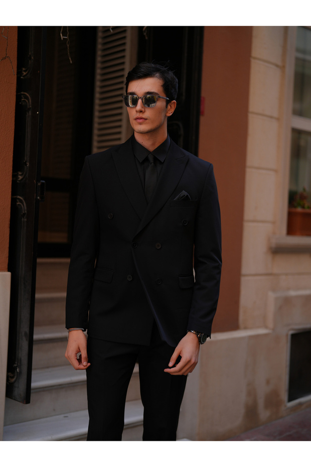 Men's Double Breasted Suit Italian Style Slim Fit Jacket Trousers-Black