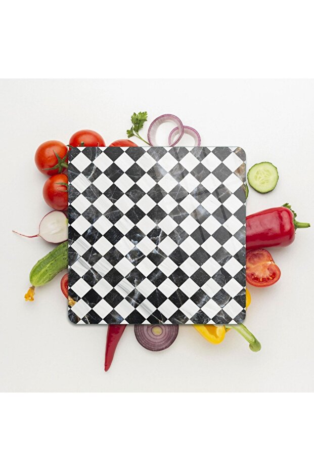 Square Cut Black and White Checkerboard Patterned Glass Cutting Board