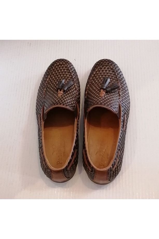 Uniseks Hakiki Deri El Örme Kahve Taba Kombin Ponponlu Kauçuk Tabanlı Loafer - 4