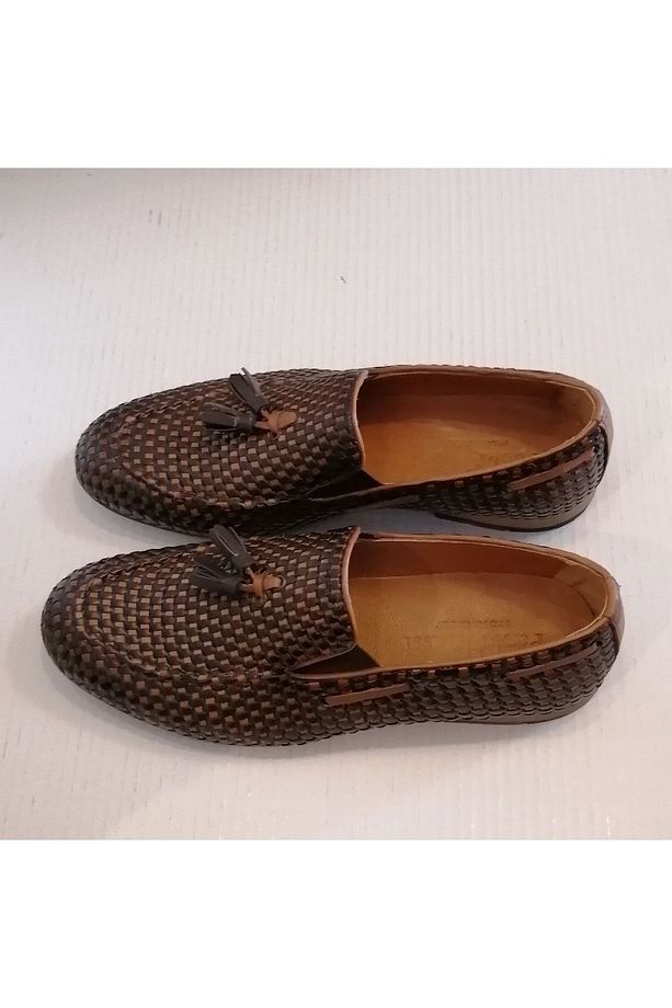 Uniseks Hakiki Deri El Örme Kahve Taba Kombin Ponponlu Kauçuk Tabanlı Loafer - 3