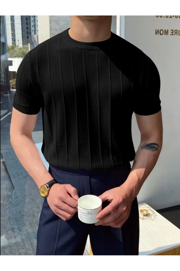 Black Slim Tight Crew Neck Plain Knitwear T-Shirt