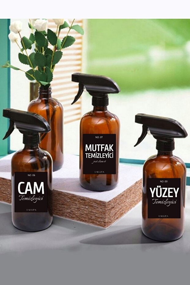 3-Piece Amber Glass Bottle 500ml (Surface, Glass, Kitchen Cleaner with Label)