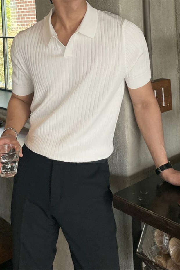 White Slim Tight Polo Neck Plain Knitwear T-Shirt