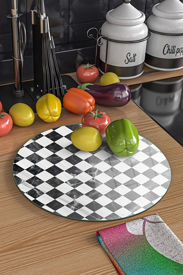 لوح تقطيع زجاجي دائري صغير بنمط مربع - 5