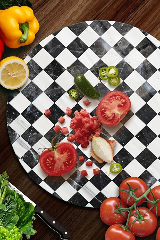 لوح تقطيع زجاجي دائري صغير بنمط مربع - 2