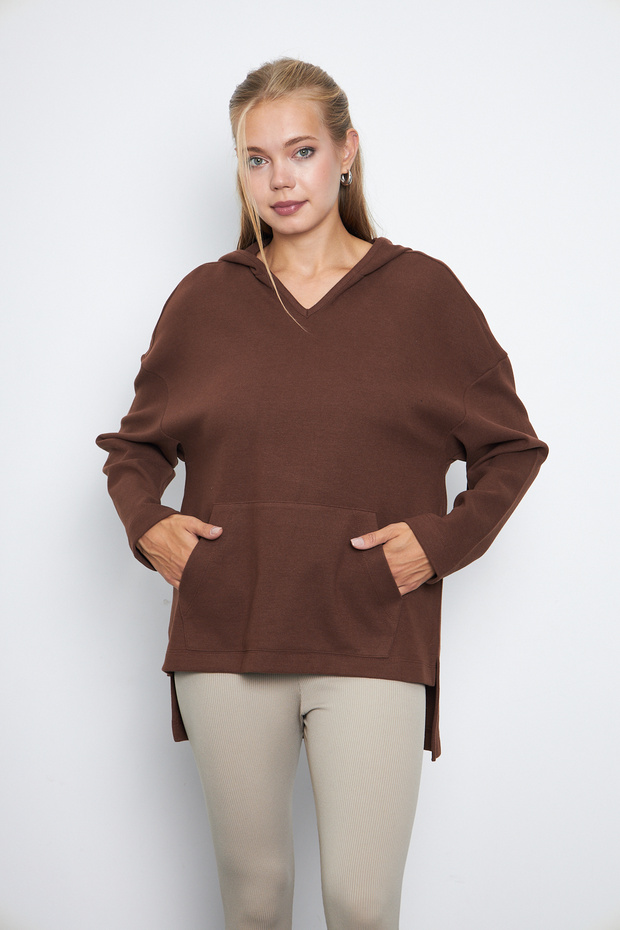 Women's V-Neck Hooded Oversize Sweatshirt with Kangaroo Pocket