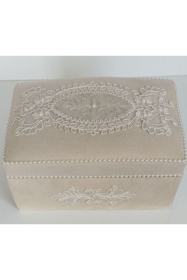 Wooden Velvet Lined Pearl Guipure Decorated Chest Makeup Storage Gift Bundle Dowry Box
