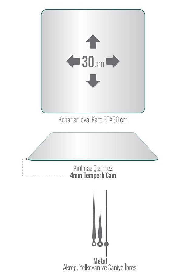 Cam Duvar Saati Kare 1037 30 x 30 Cm - 3