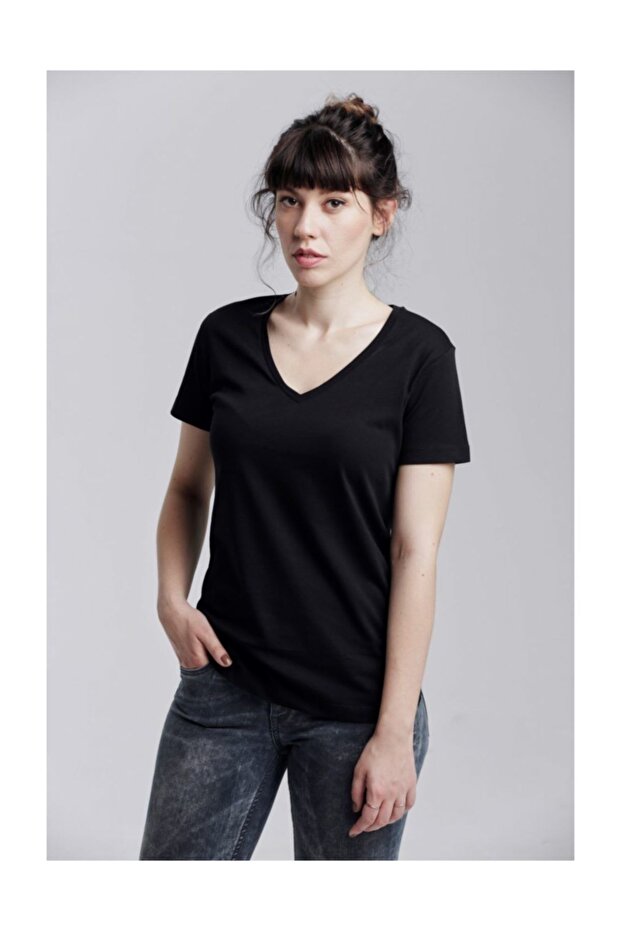 Klasik V Yaka Basıc T-shırt Siyah - 2