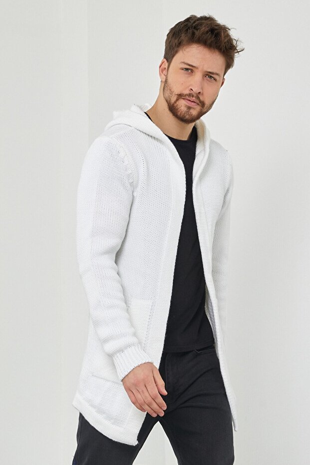 Men's White Patterned Knitwear Cardigan - Hrk8085R04S