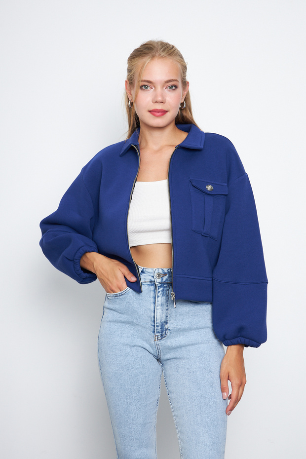 Women's Balloon Sleeve Pocket Zipper Shirt Collar Jacket