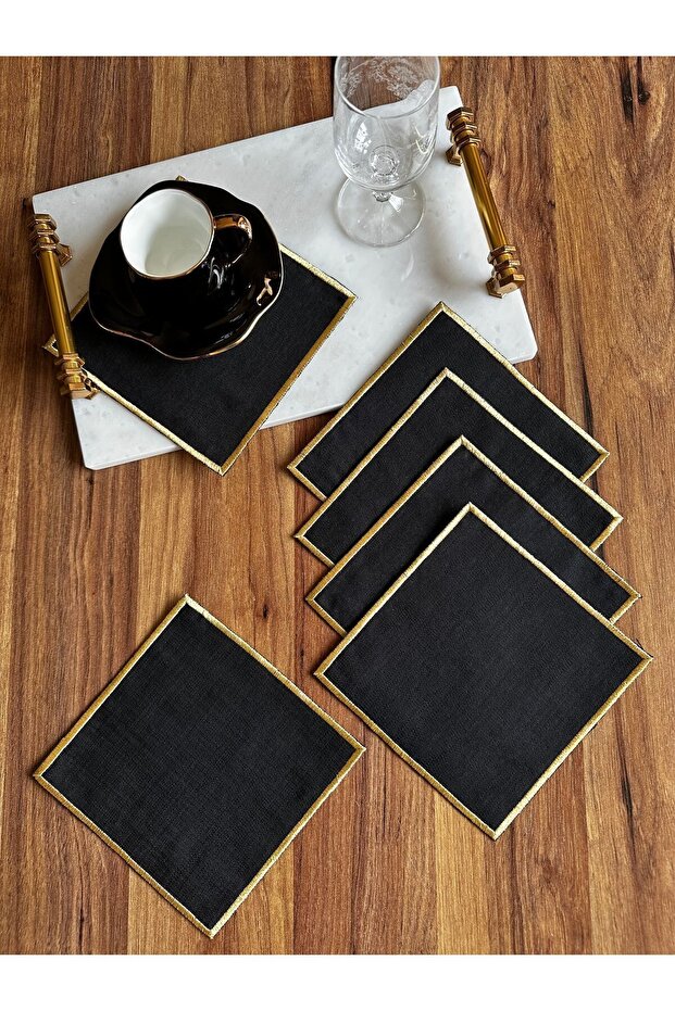 6 Pieces Gold Embroidered Square Cocktail Serving Napkin