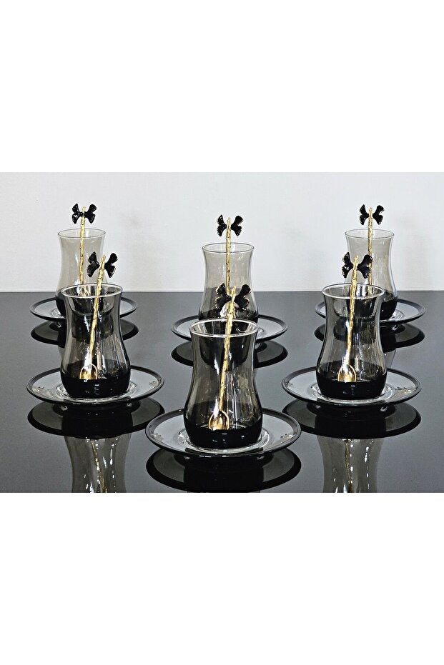 18-Piece Glass Smoke Black EVA Tea Set with Black Butterfly Tea Spoons