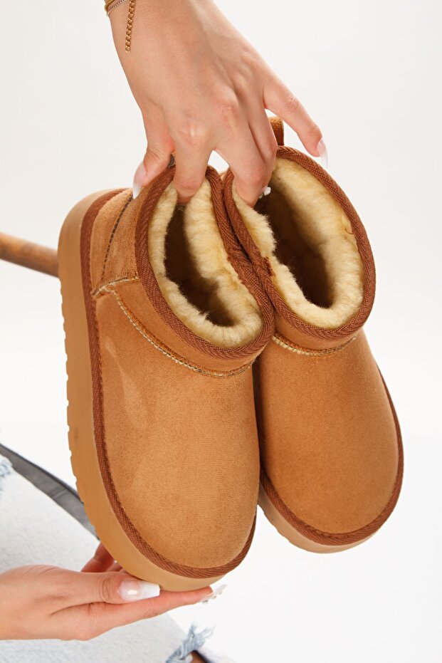 Kadın Kalın Taban Ultra Mini Kürklü Süet Kışlık Taba Bot Boots Bootie - 2