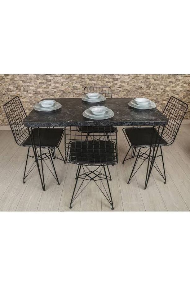 Lilyum Lux Dekor Metal Ayaklı Masa Sandalye Takımı-siyah Mermer Desenli - 1