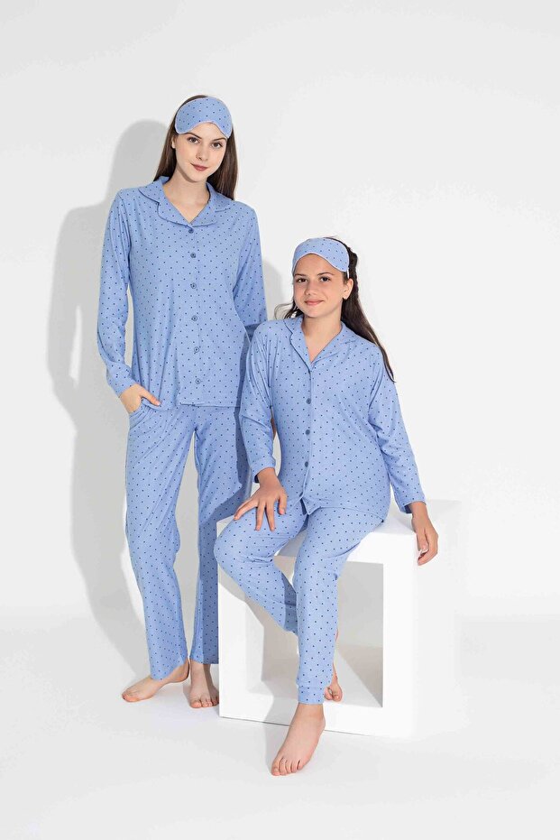 Women's Blue Polka Dot Patterned Front Buttoned Mother Daughter Suede Velvet Winter Warm Pajama Set