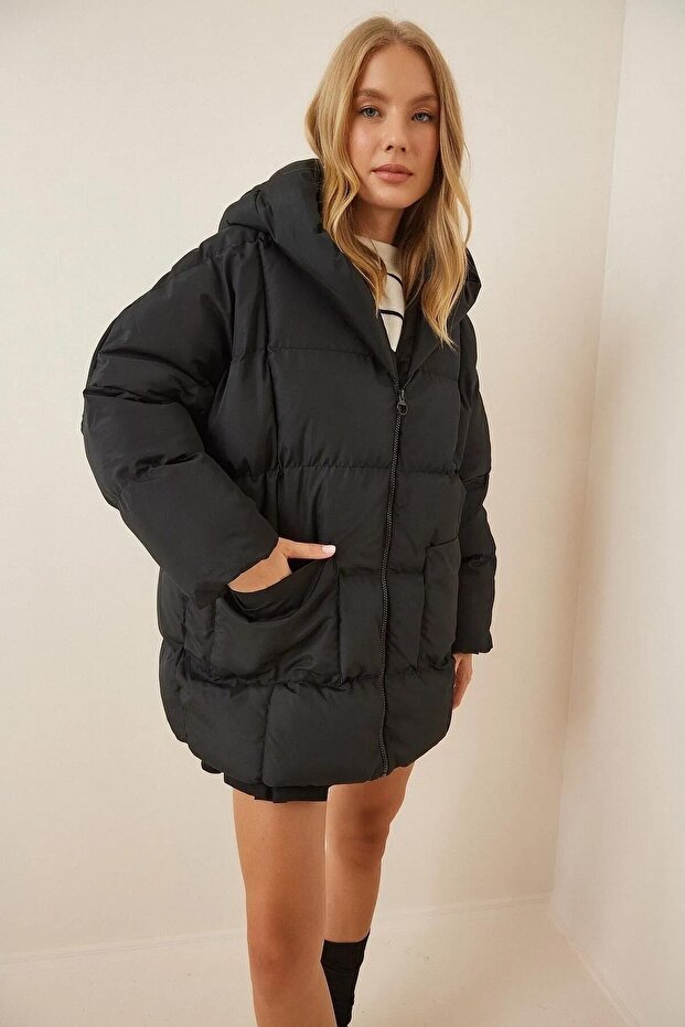 kapüşonlu oversize şişme mont - 3