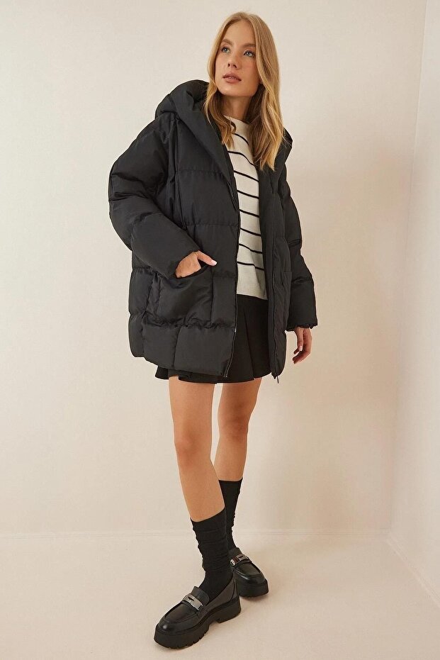 kapüşonlu oversize şişme mont - 5