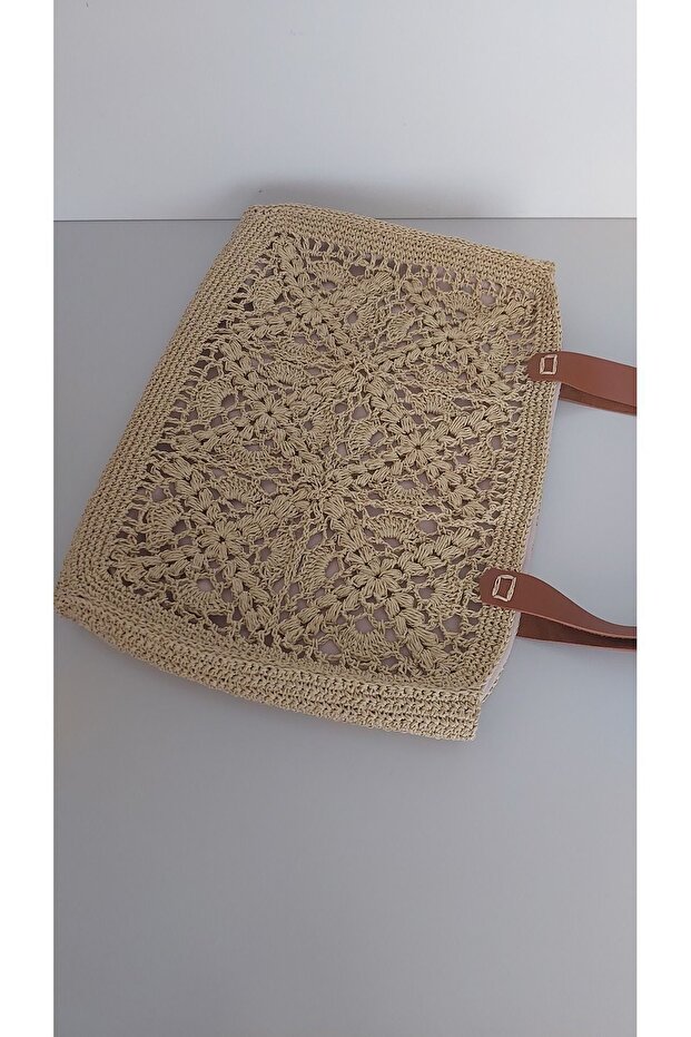 Hasır kağıt ip kare motif el örgüsü omuz çanta - 2
