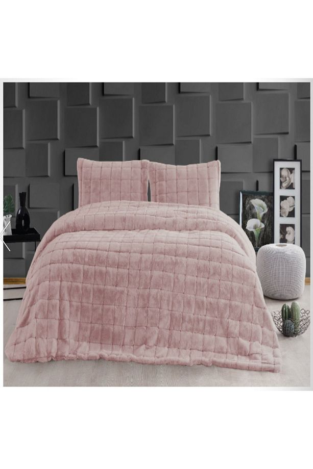 Luxe Çift Kişilik Yatak Örtüsü Seti - Pudra Kareli Model - 1