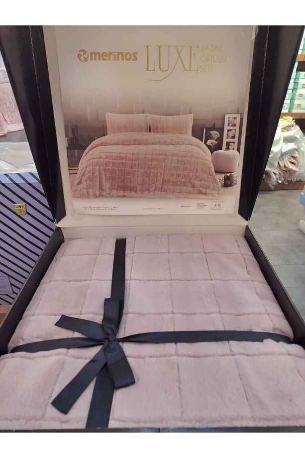Luxe Çift Kişilik Yatak Örtüsü Seti - Pudra Kareli Model - 3
