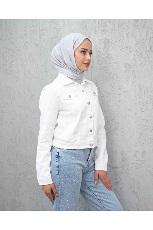 سترة بيضاء قصيرة من الدنيم - 6