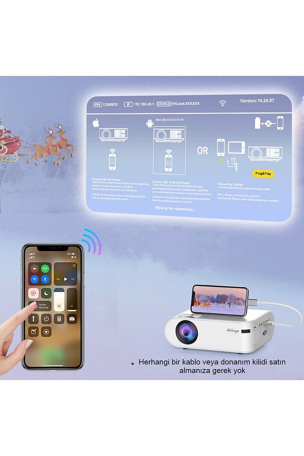 P62 Full HD Mini Projeksiyon Cihazı Ev Sinaması Wifi & Ios & Android Cep Tel Yansıtma Cihazı - 4