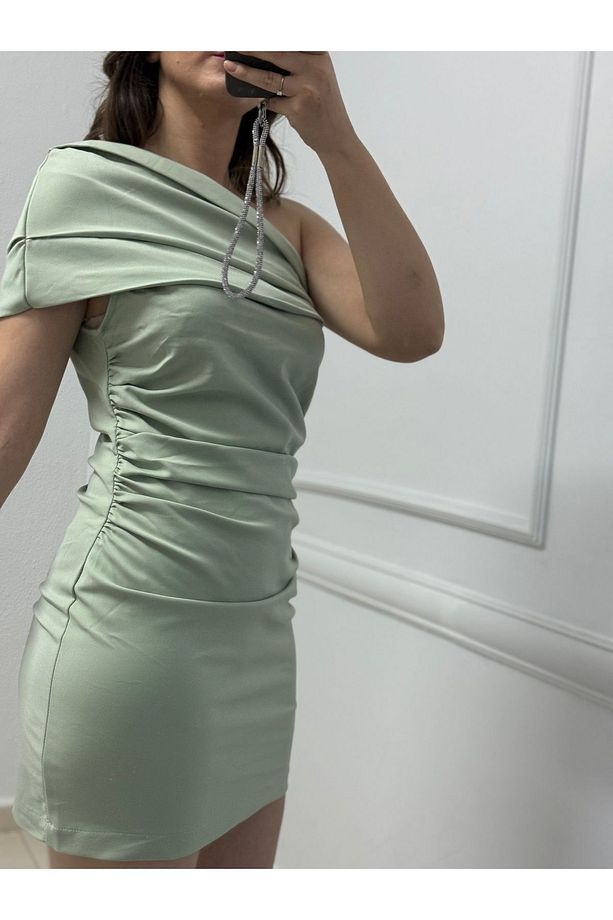 Su yeşili tek kol mini elbise - 3