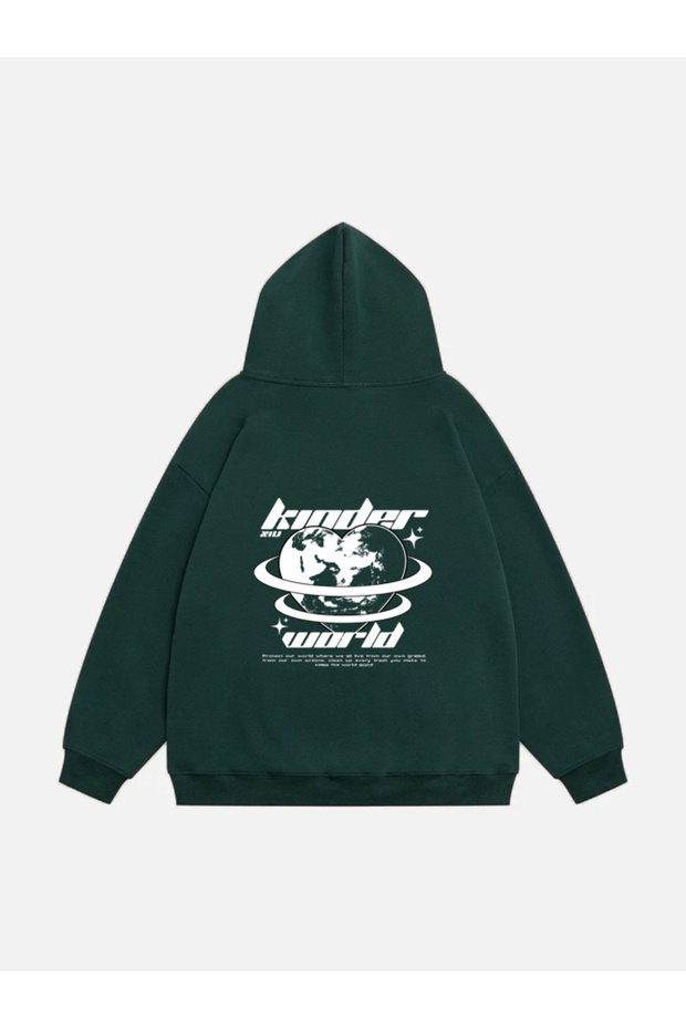 Unisex Kinder World Printed Hooded Fleece Oversize Sweatshirt