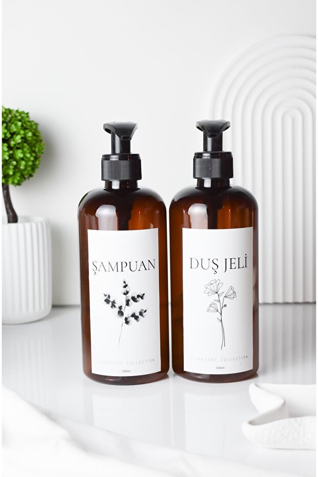 Amber Hard Plastic Bottle with Flowering Shampoo and Shower Gel Label 500 ml
