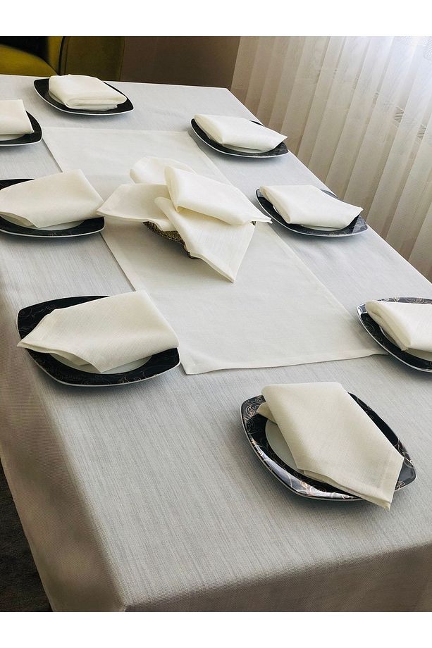 12 Kişilik Işlenebilir Linen Kumaş Masa Örtüsü Takımı - 1