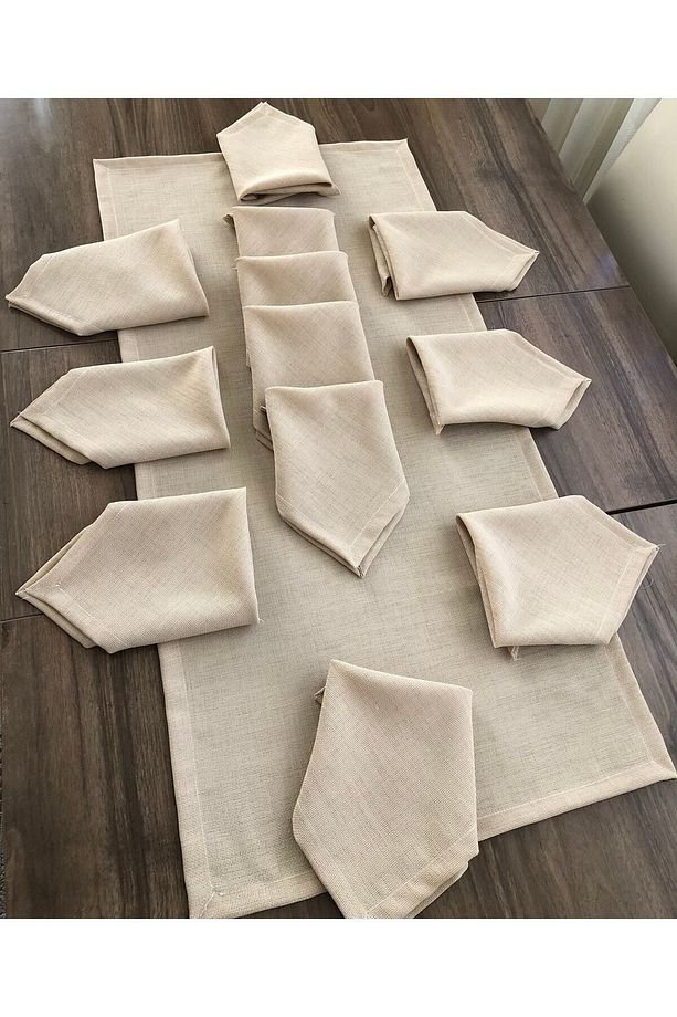 Kapicino Renk Linen Kumaş 12 Peçete 1 Runner Servis Takımı - 1