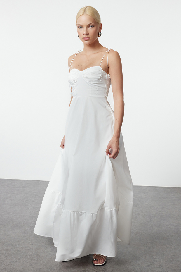 Beyaz Belden Açılan Drape Detaylı Askılı Dokuma Maxi Elbise TWOSS24EL01128 - 5