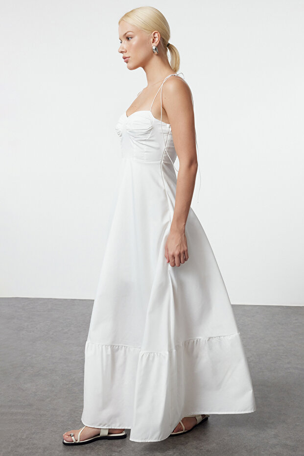 Beyaz Belden Açılan Drape Detaylı Askılı Dokuma Maxi Elbise TWOSS24EL01128 - 6
