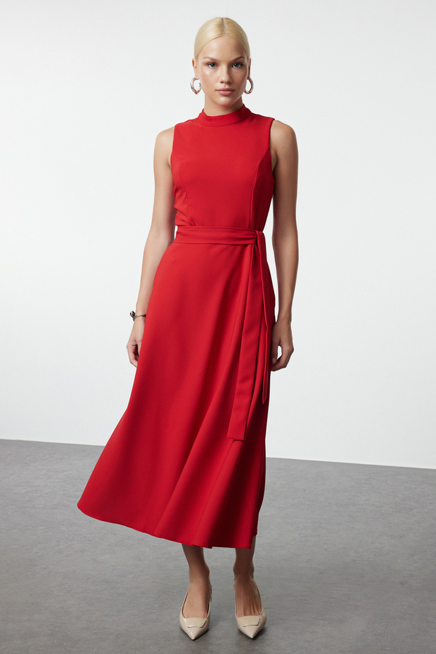 Red Belted Waist Opening Stand Collar Midi Woven Dress Twoaw25El00136