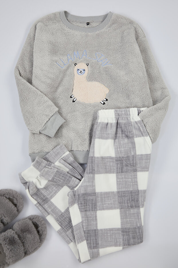 Wellsoft Grey Knitted Pijama Set - Llama Pattern TBBAW25AI00020 - 1
