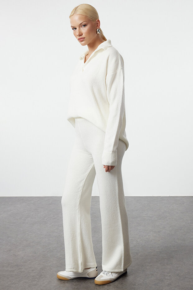 Ecru Polo Neck Soft Textured Knitwear Bottom-Top Suit Twoaw25Au00016