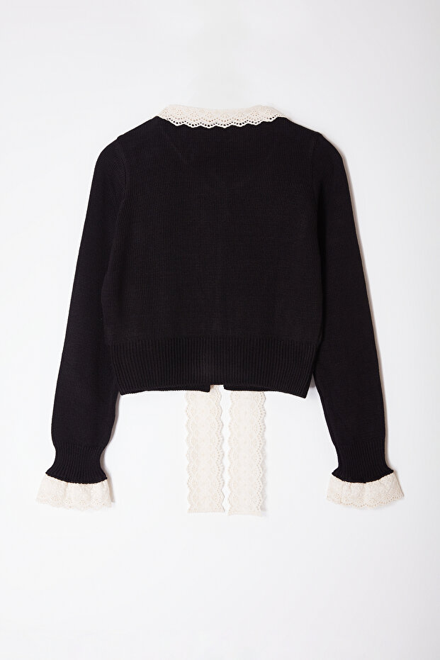 Černý pletený Crop Cardigan - Twoaw25Hi00251 se stuhou a detailem mašle - 7