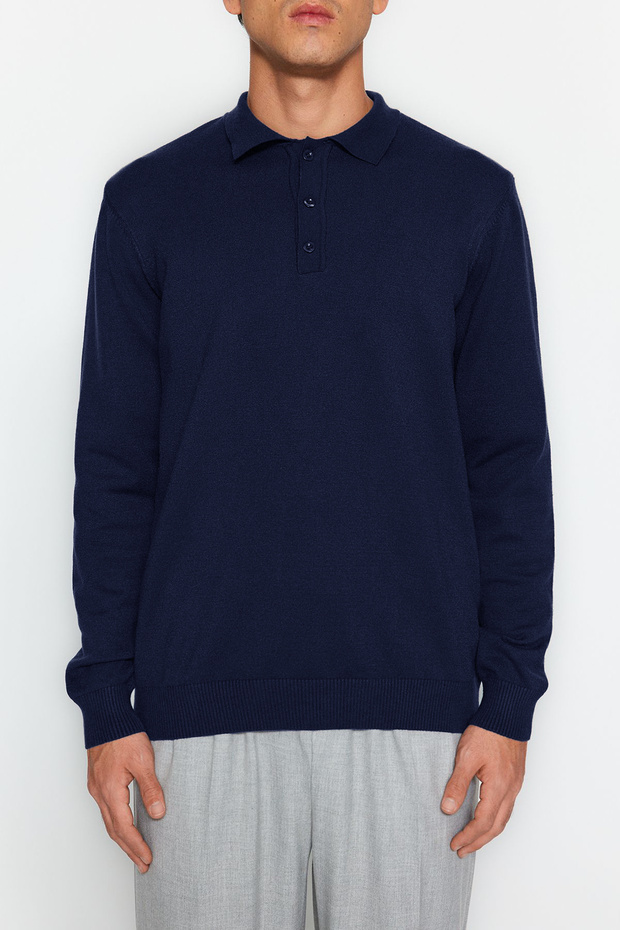 Lacivert Erkek Regular Polo Yaka Düz Triko Kazak TMNAW24KZ00067 - 6